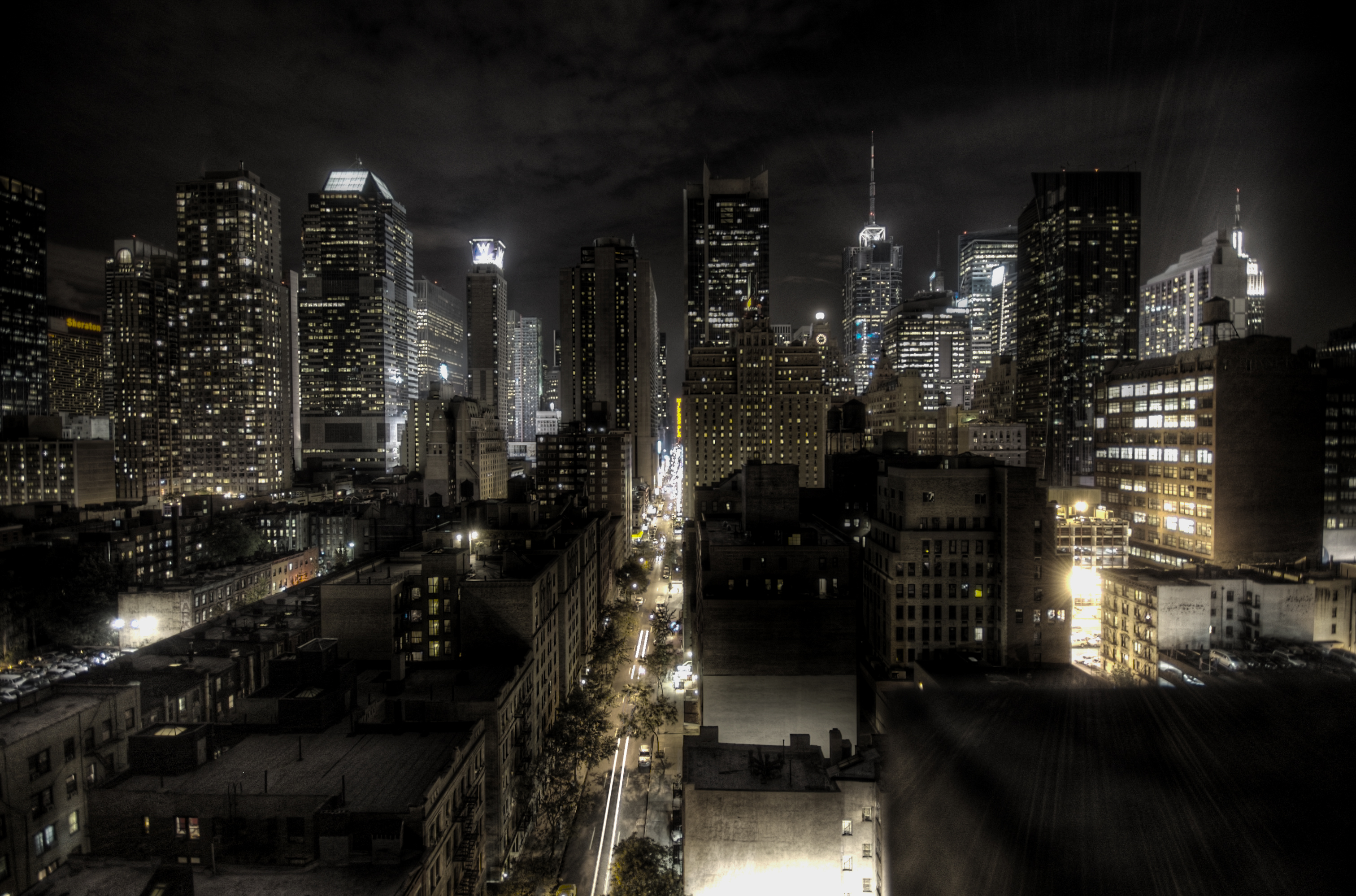 Illuminated Manhattan buildings at night